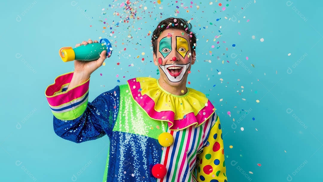 Belo homem fantasiado sorridente em clima carnavalesco sob fundo isolado.