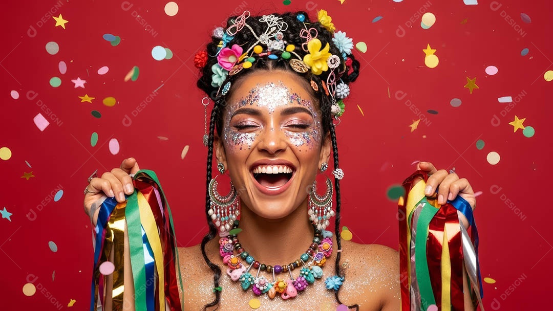 Linda mulher fantasiada sorridente em clima carnavalesco sob fundo isolado.