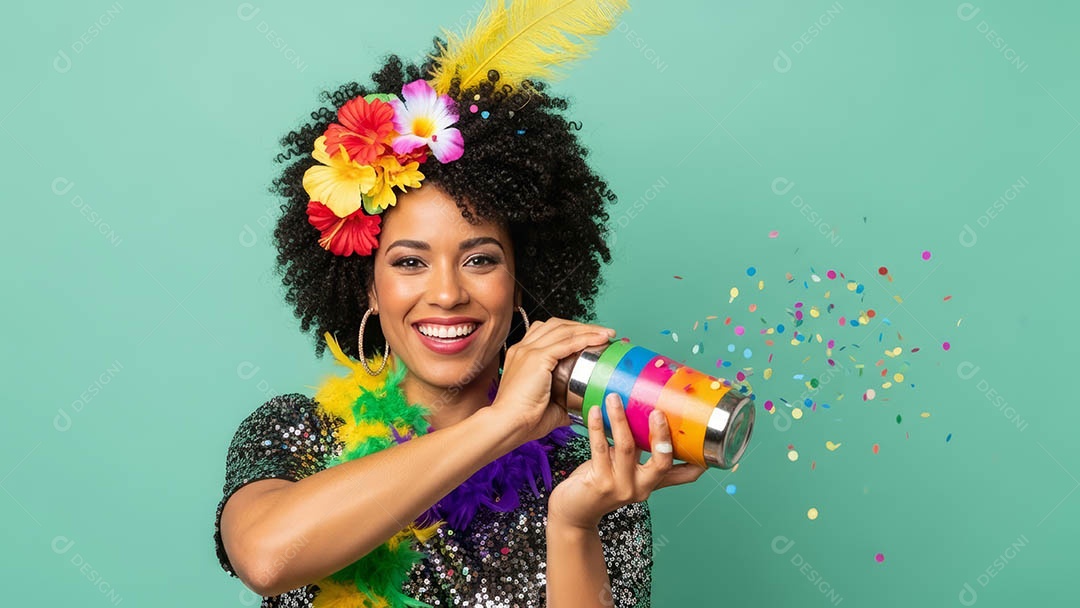 Linda mulher fantasiada sorridente em clima carnavalesco sob fundo isolado.