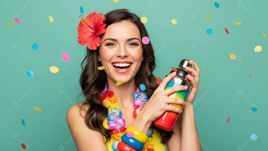 Linda mulher fantasiada sorridente em clima carnavalesco sob fundo isolado.