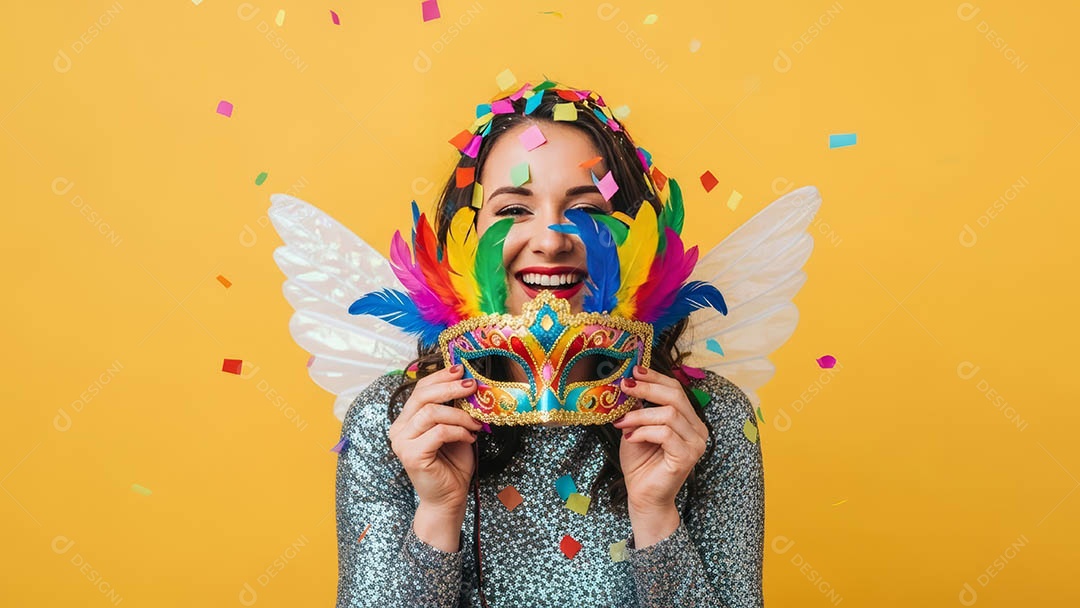 Linda mulher fantasiada sorridente em clima carnavalesco sob fundo isolado.