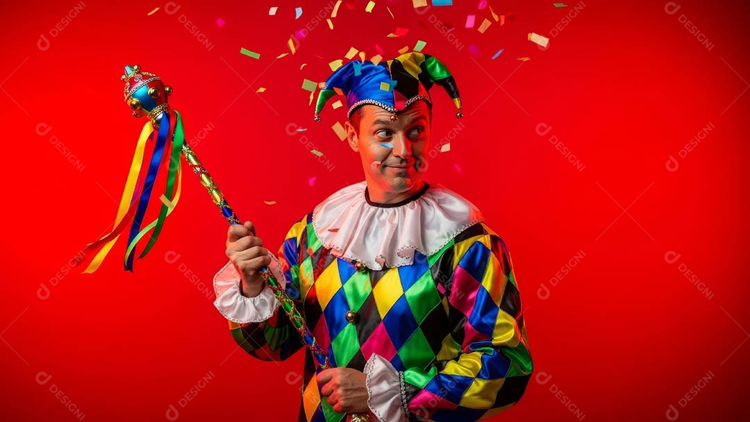 Belo homem fantasiado sorridente em clima carnavalesco sob fundo isolado.