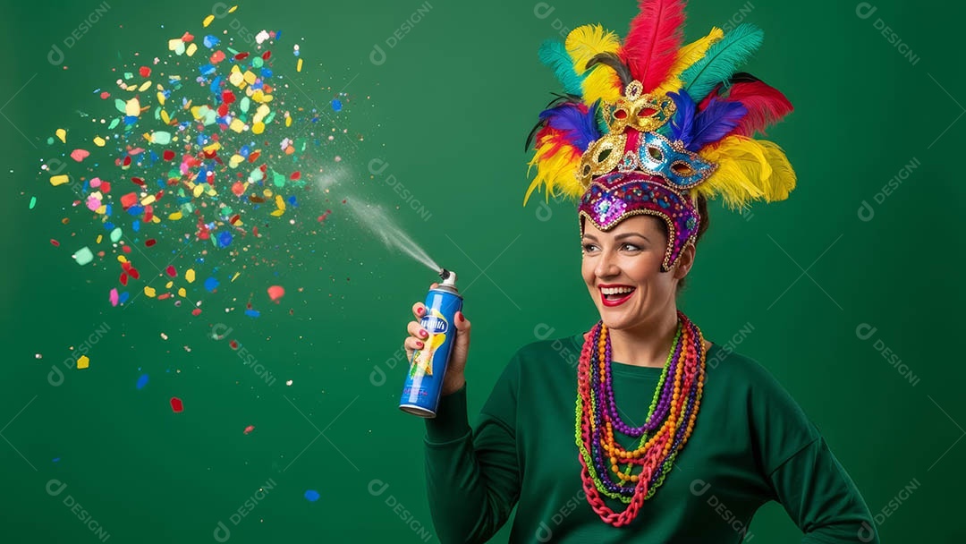 Linda mulher fantasiada sorridente em clima carnavalesco sob fundo isolado.
