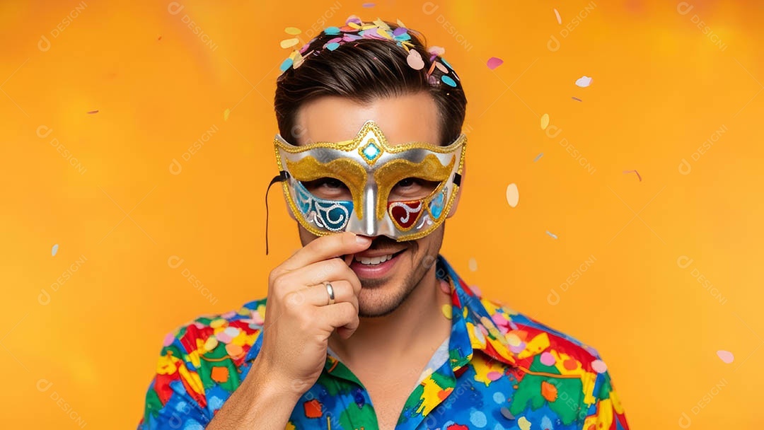 Belo homem fantasiado sorridente em clima carnavalesco sob fundo isolado.