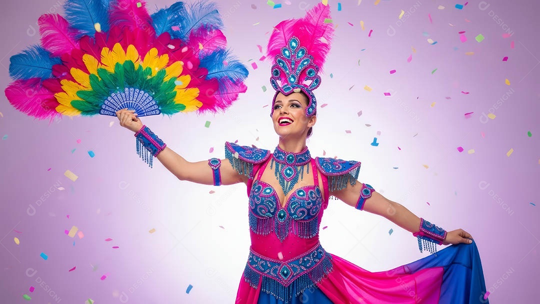 Linda mulher fantasiada sorridente em clima carnavalesco sob fundo isolado.