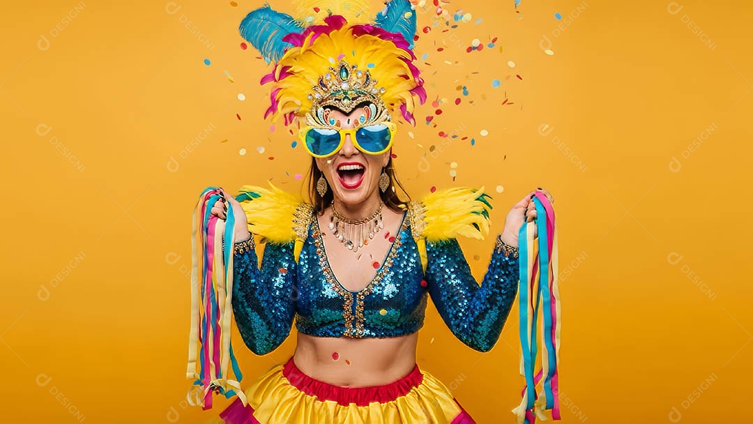Linda mulher fantasiada sorridente em clima carnavalesco sob fundo isolado.
