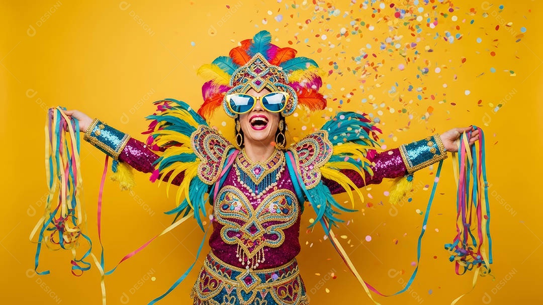 Linda mulher fantasiada sorridente em clima carnavalesco sob fundo isolado.