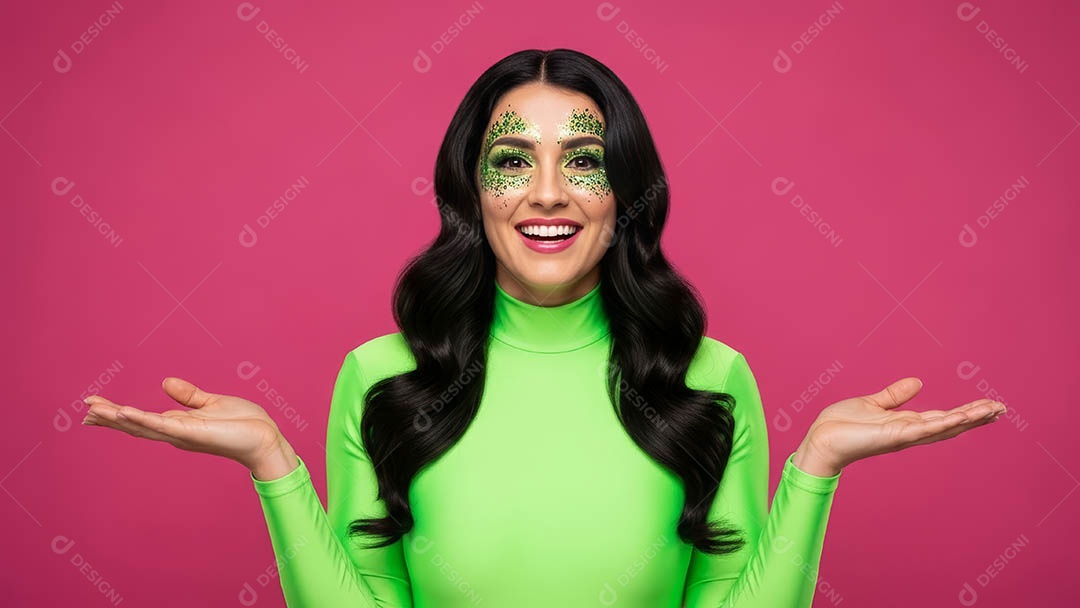 Linda mulher fantasiada sorridente em clima carnavalesco sob fundo isolado.