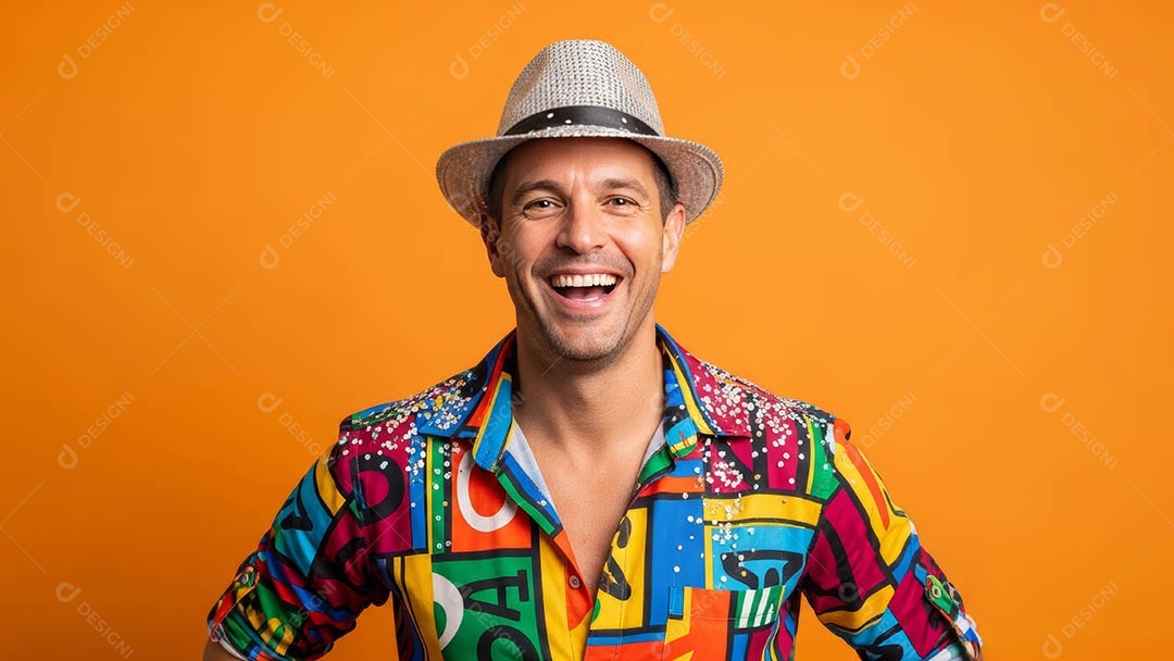 Belo homem fantasiado sorridente em clima carnavalesco sob fundo isolado.