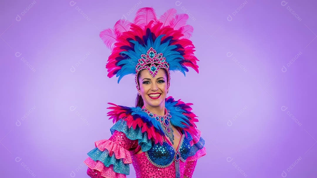 Linda mulher fantasiada sorridente em clima carnavalesco sob fundo isolado.