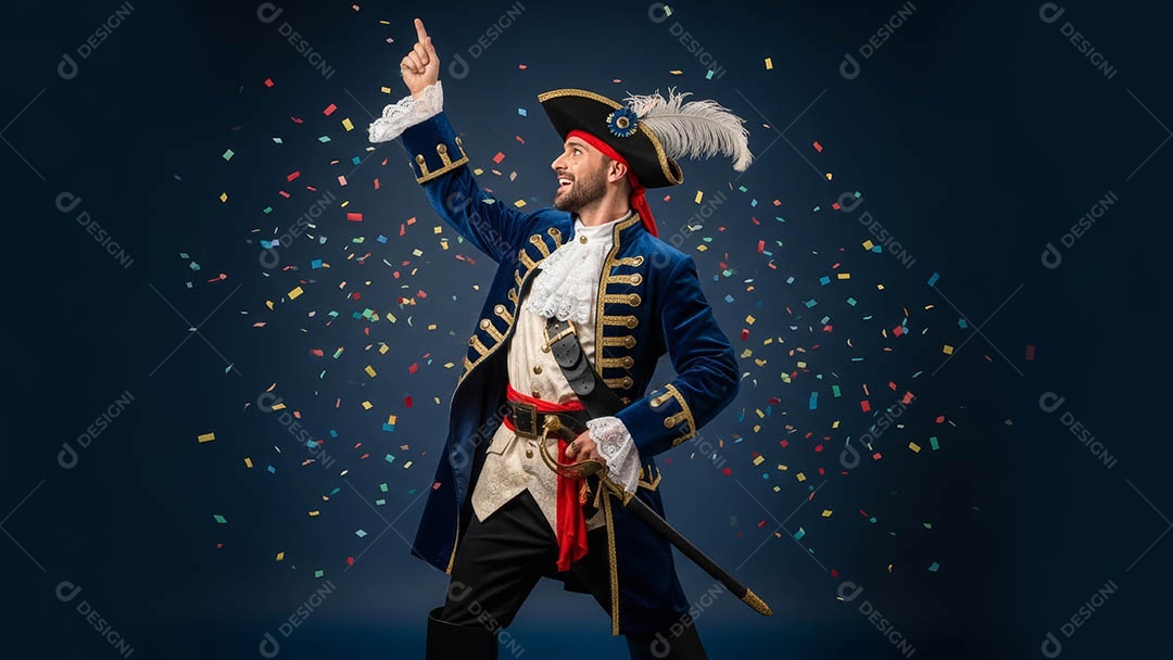 Belo homem fantasiado sorridente em clima carnavalesco sob fundo isolado.