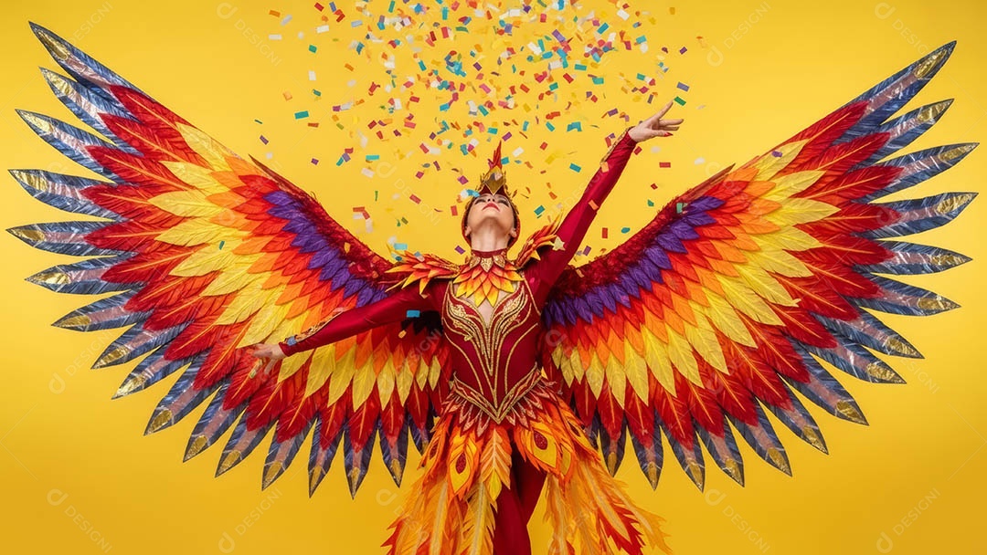 Linda mulher fantasiada sorridente em clima carnavalesco sob fundo isolado.