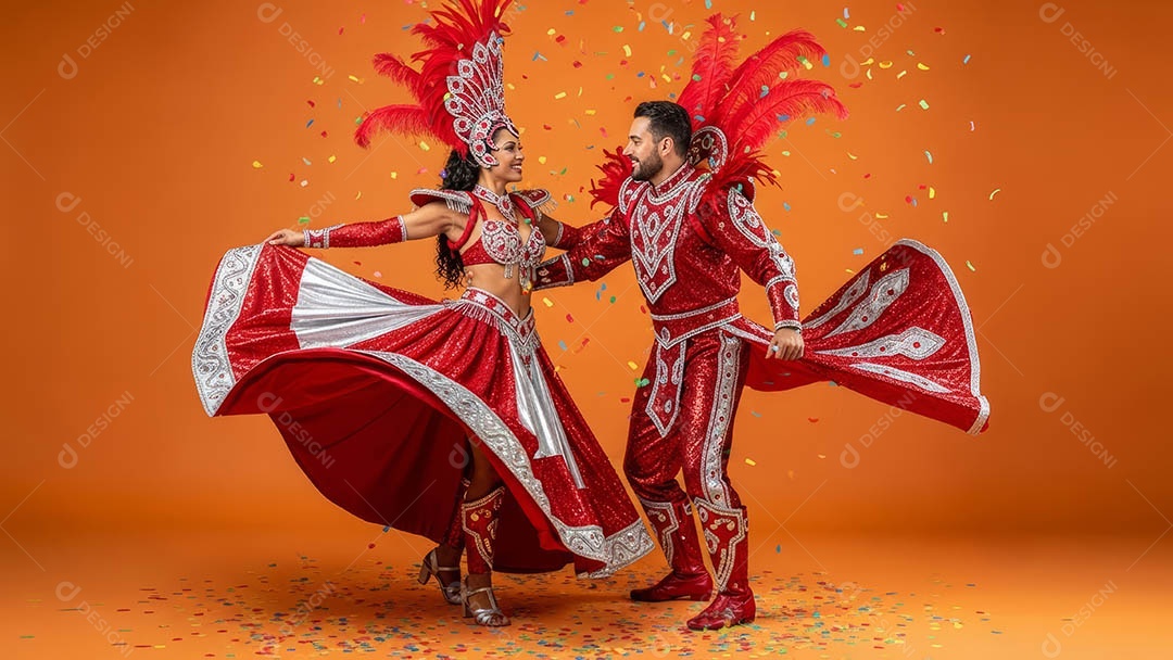 Lindas pessoas fantasiadas sorridentes em clima carnavalesco sob fundo isolado.