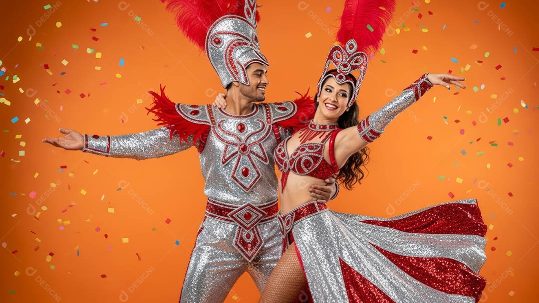 Lindas pessoas fantasiadas sorridentes em clima carnavalesco sob fundo isolado.