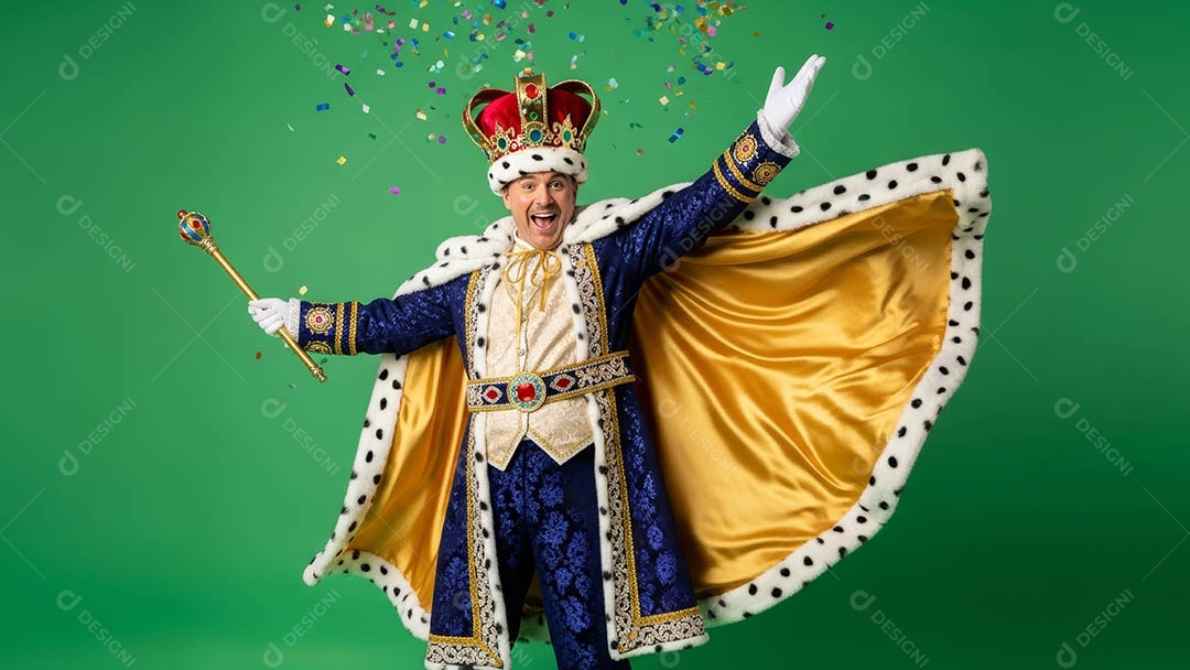 Belo homem fantasiado sorridente em clima carnavalesco sob fundo isolado.