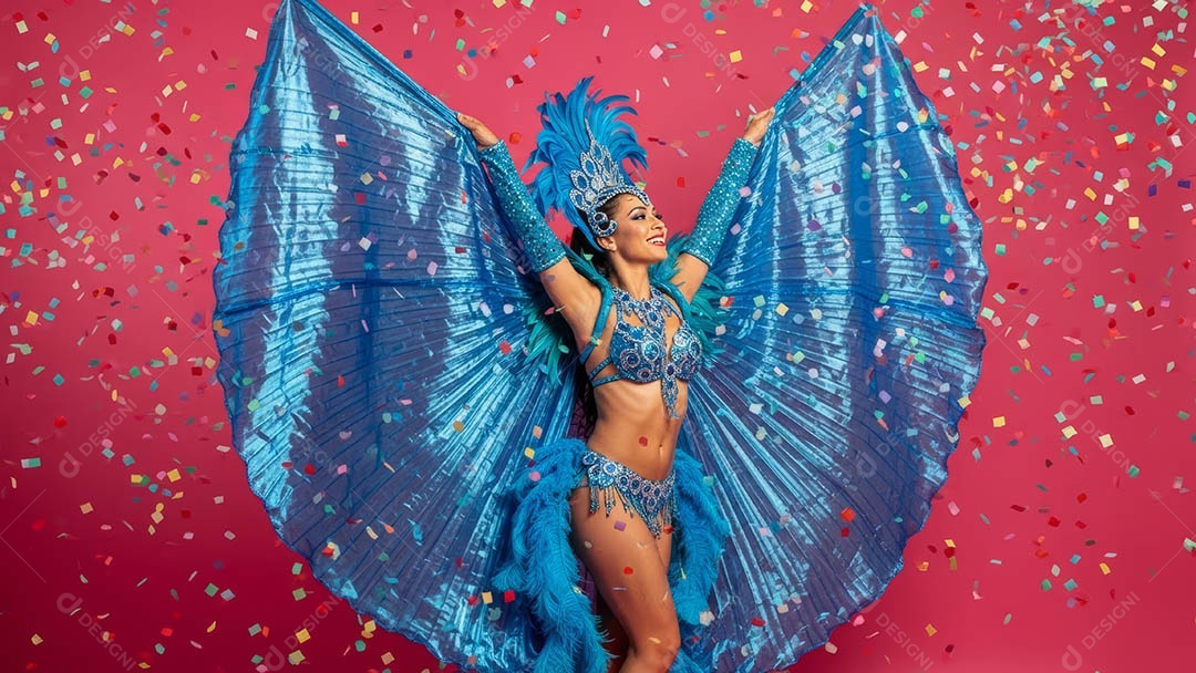 Linda mulher fantasiada sorridente em clima carnavalesco sob fundo isolado.