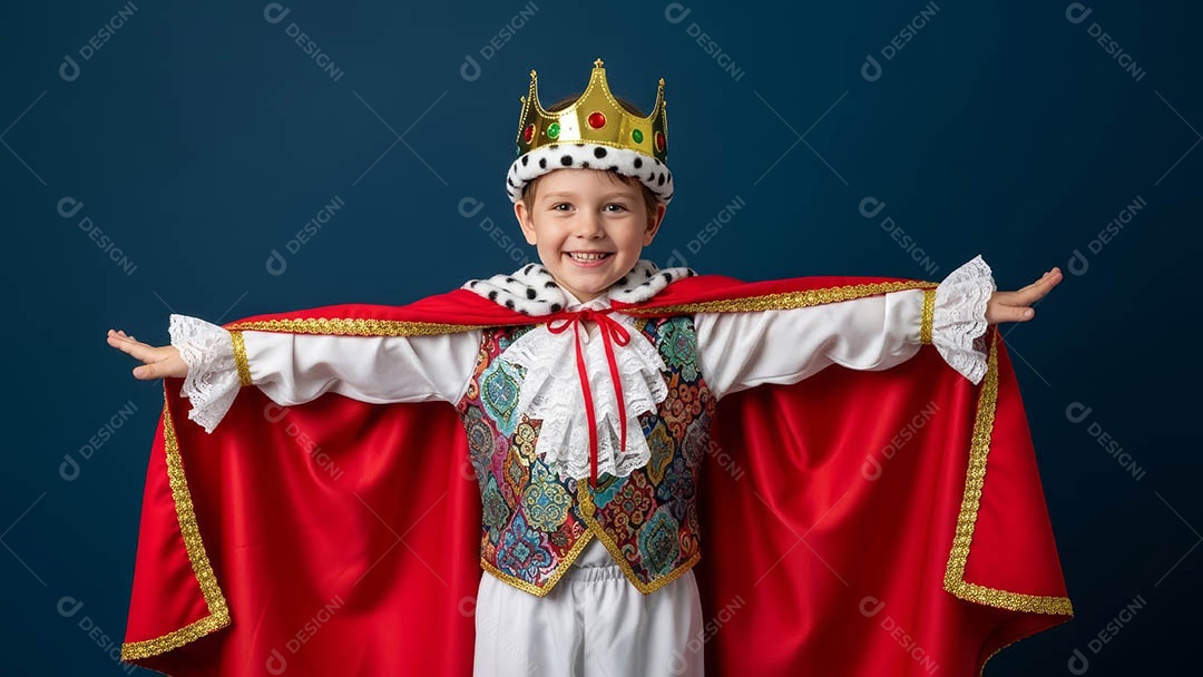 Linda criança fantasiada sorridente em clima carnavalesco sob fundo isolado.