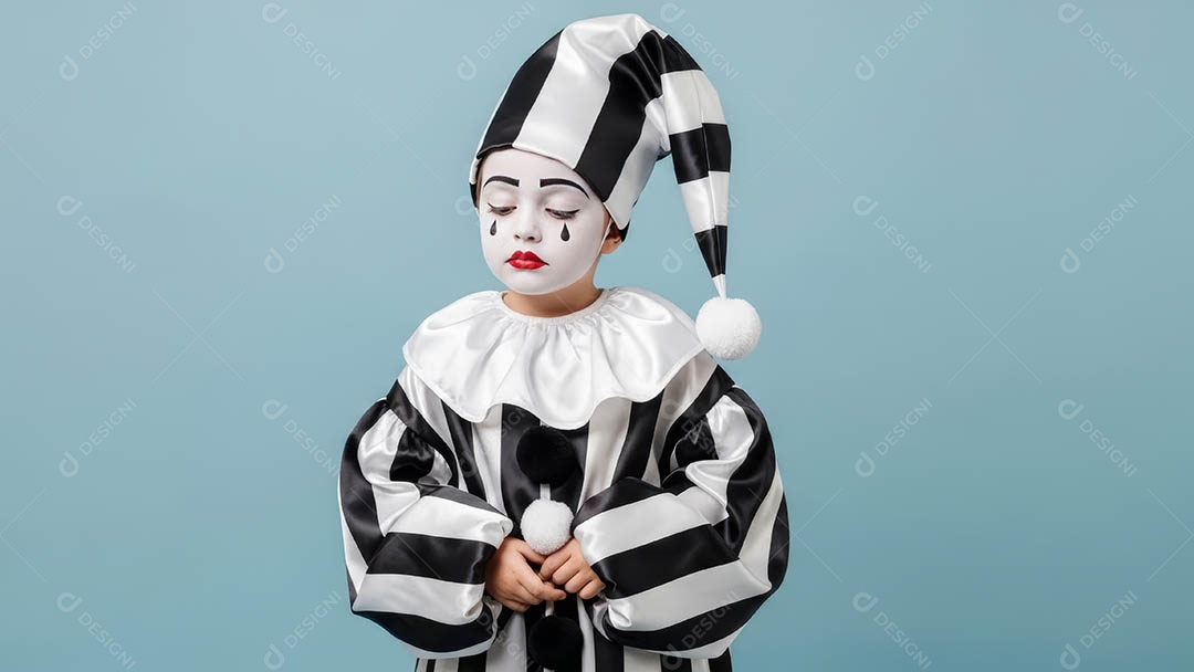 Linda criança fantasiada sorridente em clima carnavalesco sob fundo isolado.