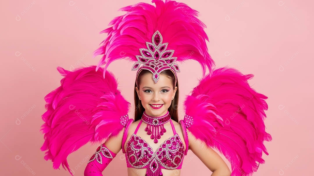 Linda criança fantasiada sorridente em clima carnavalesco sob fundo isolado.