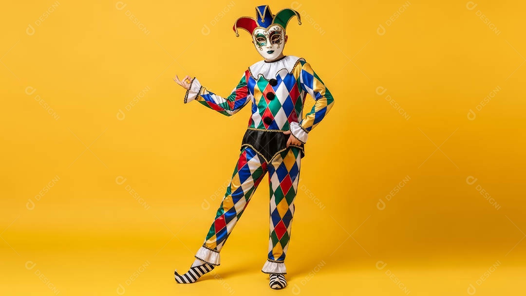 Linda criança fantasiada sorridente em clima carnavalesco sob fundo isolado.