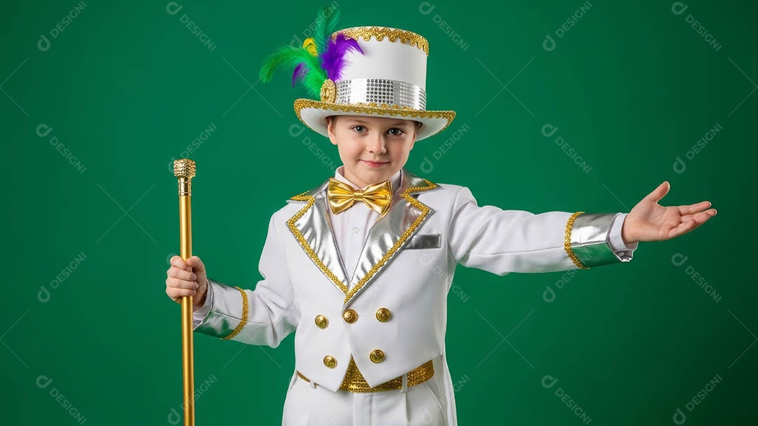 Linda criança fantasiada sorridente em clima carnavalesco sob fundo isolado.