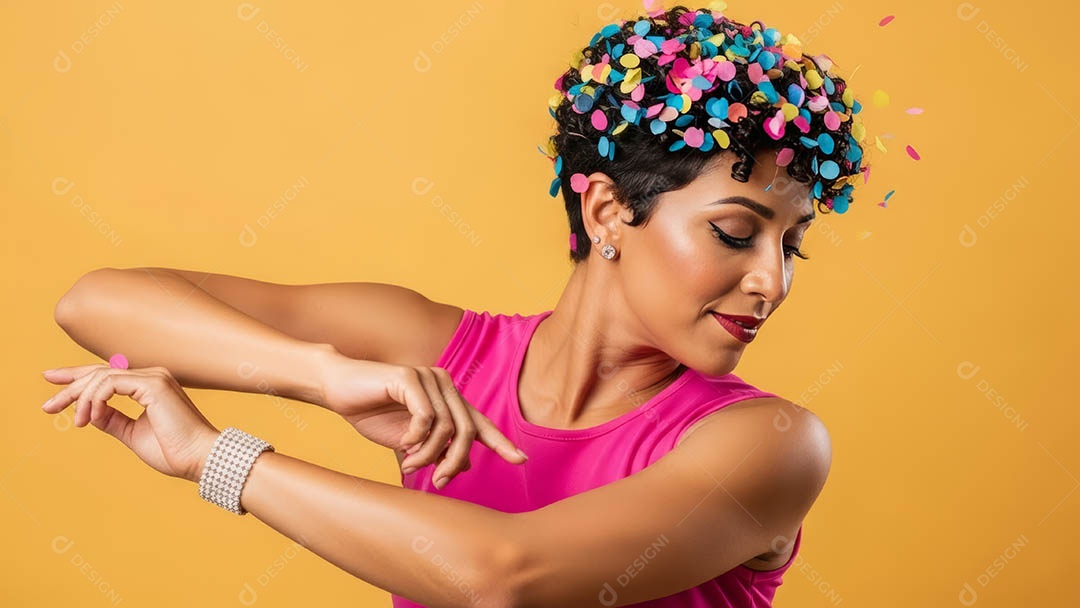 Linda mulher fantasiada sorridente em clima carnavalesco sob fundo isolado.
