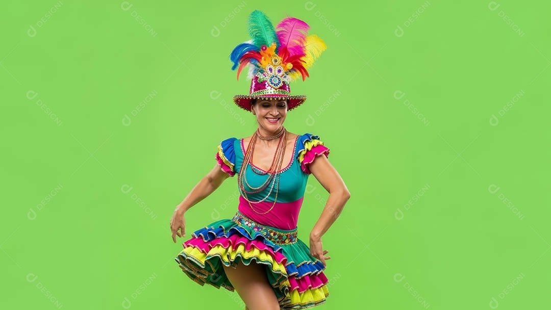 Linda mulher fantasiada sorridente em clima carnavalesco sob fundo isolado.