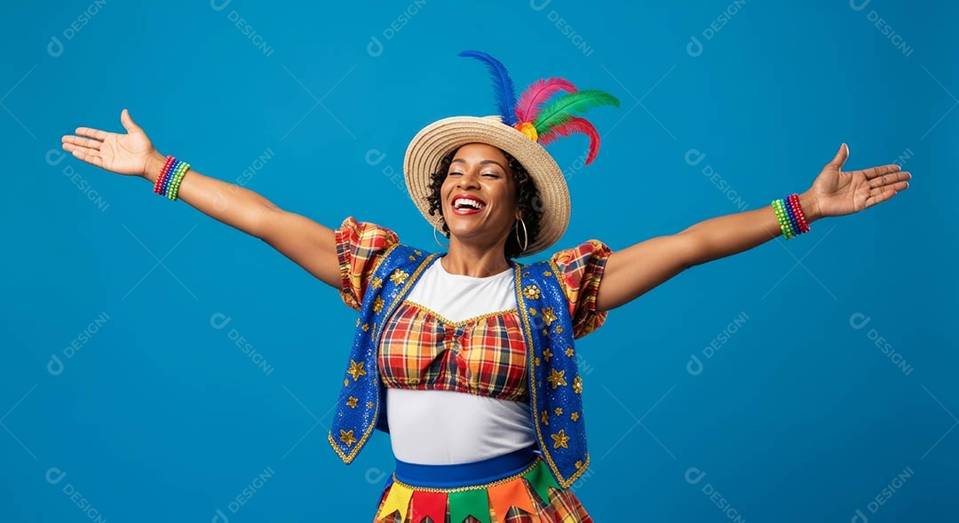 Linda mulher fantasiada sorridente em clima carnavalesco sob fundo isolado.