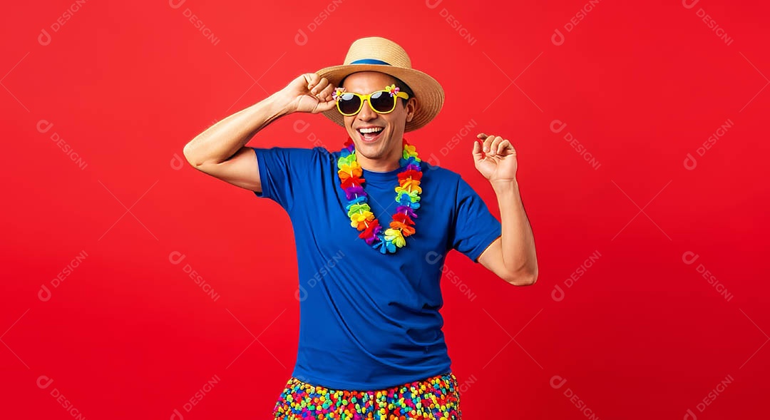 Belo homem fantasiado sorridente em clima carnavalesco sob fundo isolado.
