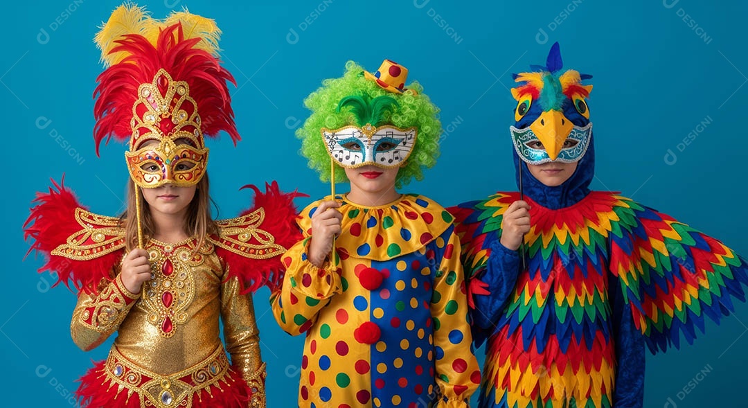 Lindas criança fantasiadas sorridentes em clima carnavalesco sob fundo isolado.