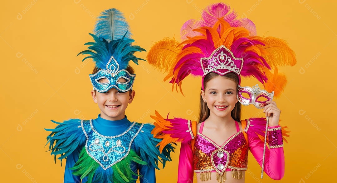 Lindas crianças fantasiadas sorridentes em clima carnavalesco sob fundo isolado.