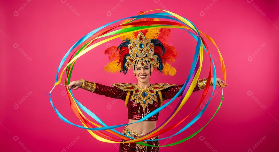 Linda mulher fantasiada sorridente em clima carnavalesco sob fundo isolado.