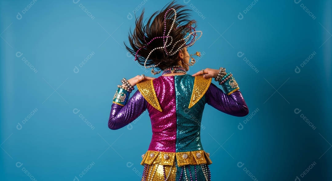 Linda mulher fantasiada sorridente em clima carnavalesco sob fundo isolado.