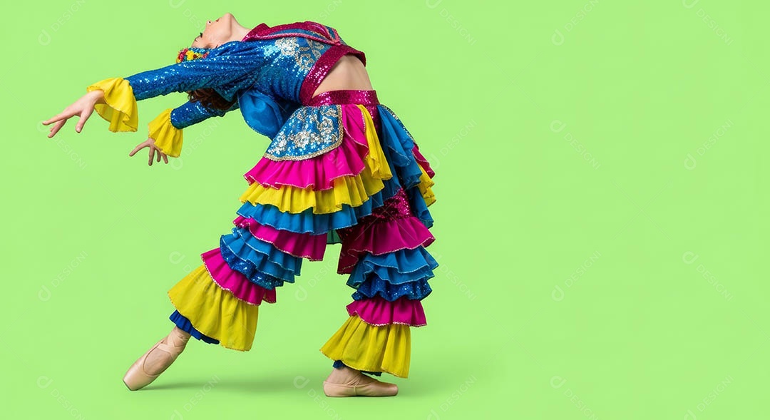 Linda mulher fantasiada sorridente em clima carnavalesco sob fundo isolado.