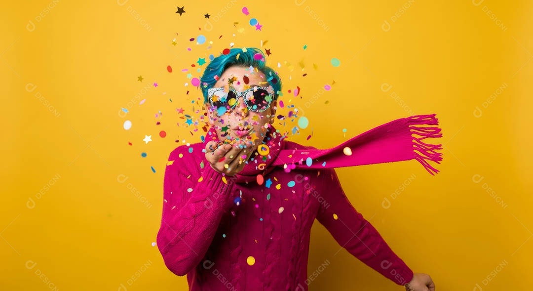 Belo homem fantasiado sorridente em clima carnavalesco sob fundo isolado.