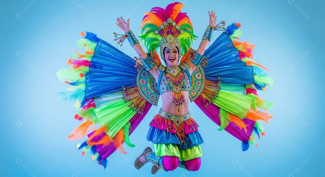 Linda mulher fantasiada sorridente em clima carnavalesco sob fundo isolado.
