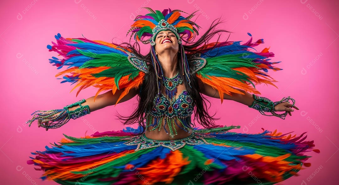 Linda mulher fantasiada sorridente em clima carnavalesco sob fundo isolado.