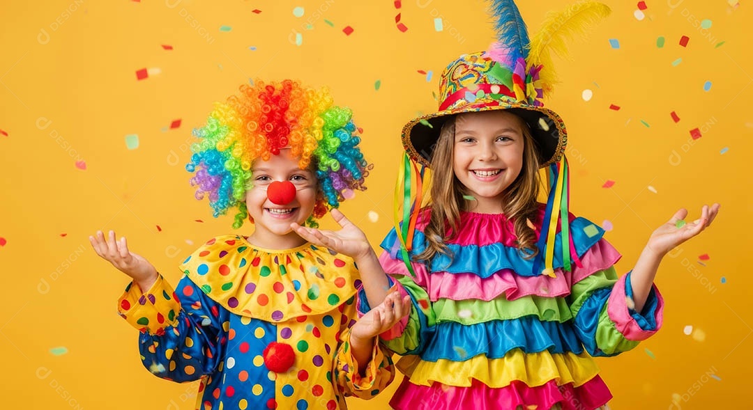 Lindas crianças fantasiadas sorridentes em clima carnavalesco sob fundo isolado.