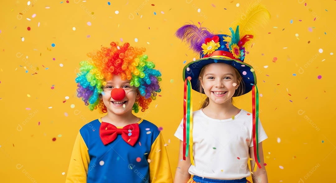 Lindas crianças fantasiadas sorridentes em clima carnavalesco sob fundo isolado.