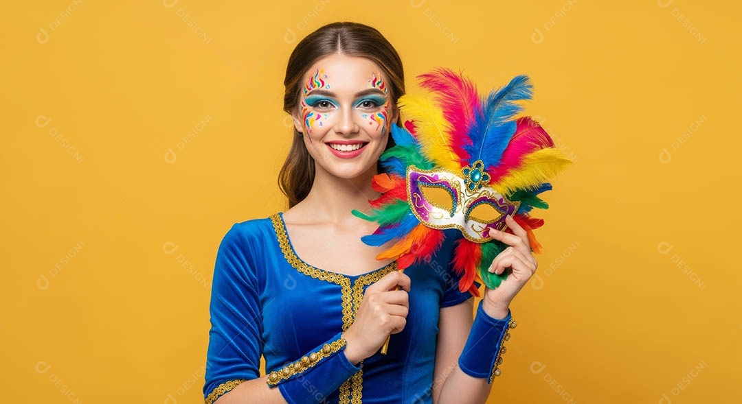 Linda mulher fantasiada sorridente em clima carnavalesco sob fundo isolado.