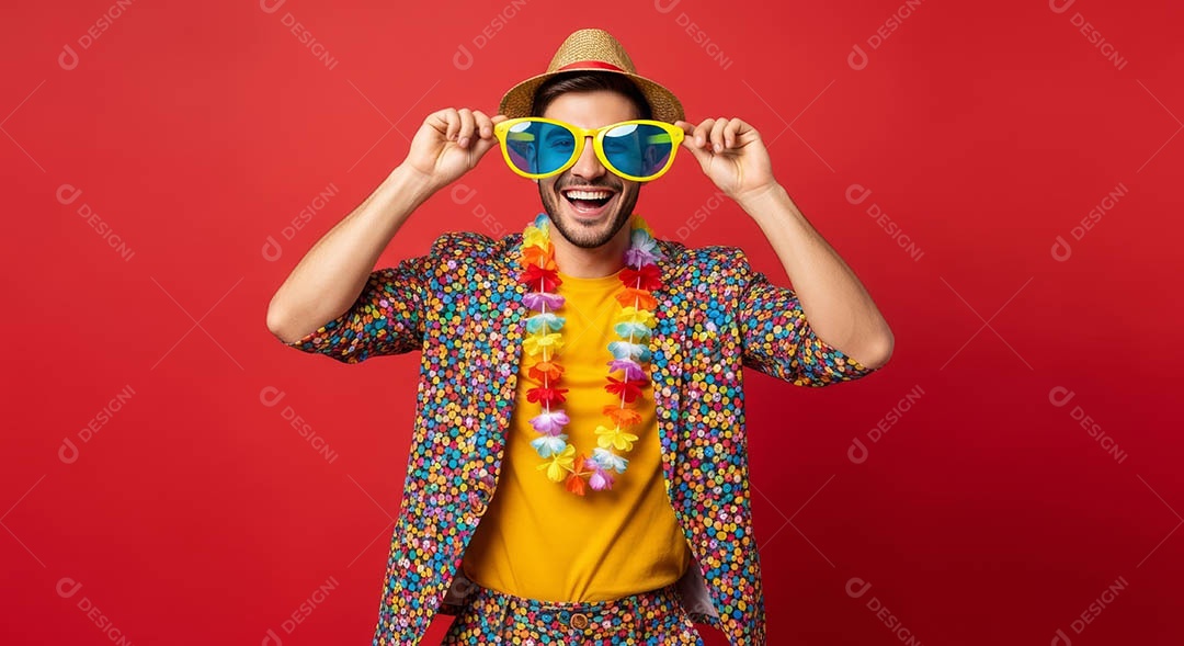 Belo homem fantasiado sorridente em clima carnavalesco sob fundo isolado.