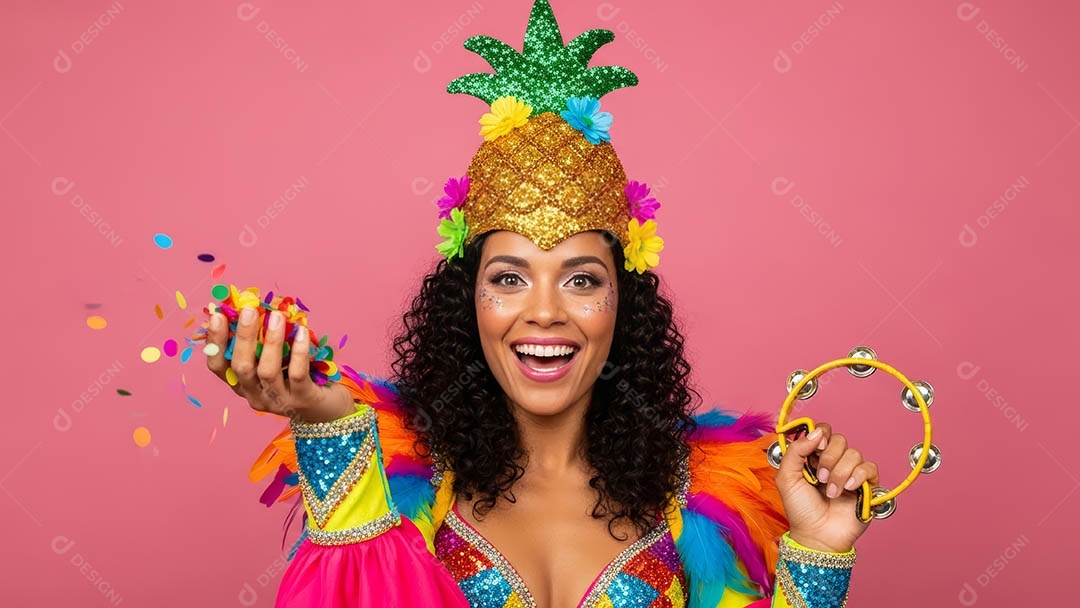 Linda mulher fantasiada sorridente em clima carnavalesco sob fundo isolado.
