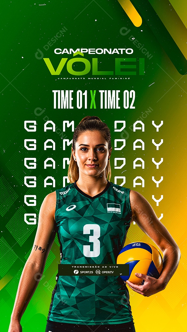 Story Campeonato de Vôlei Feminino Game Day Time 1 x Time 2 Social Media PSD Editável