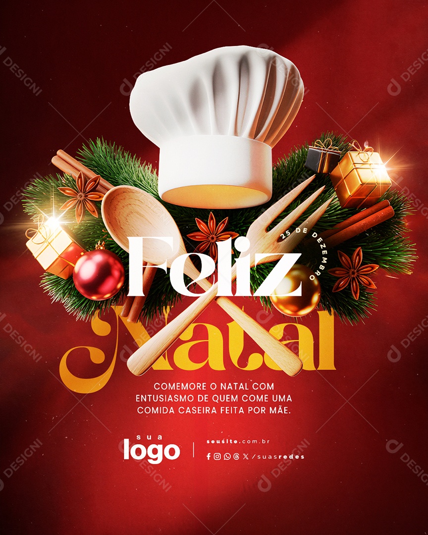 Feliz Natal 25 de Dezembro Cozinheira Chef de Cozinha Social Media PSD Editável