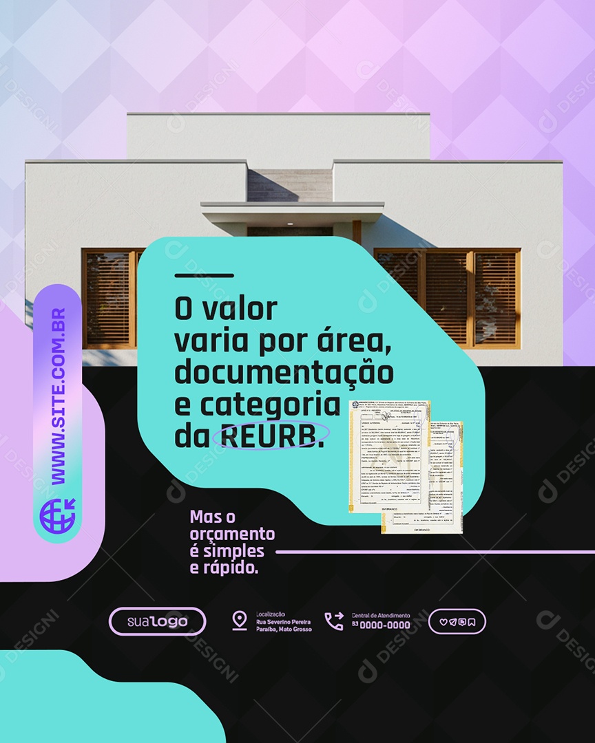 Imobiliária O Valor Varia por Área Documentação e Categoria Social Media PSD Editável