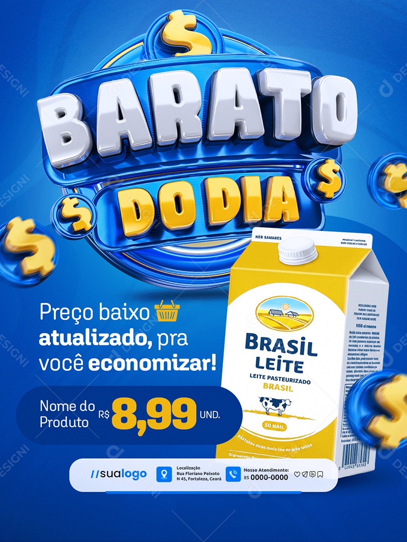 Barato do Dia Supermercado Caixa de Leite Preço Baixo Social Media PSD Editável
