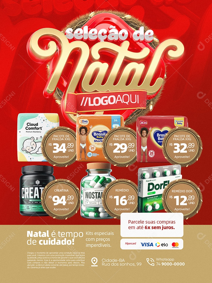 Seleção de Natal Farmácia Encarte Parcele Suas Compras Social Media PSD Editável