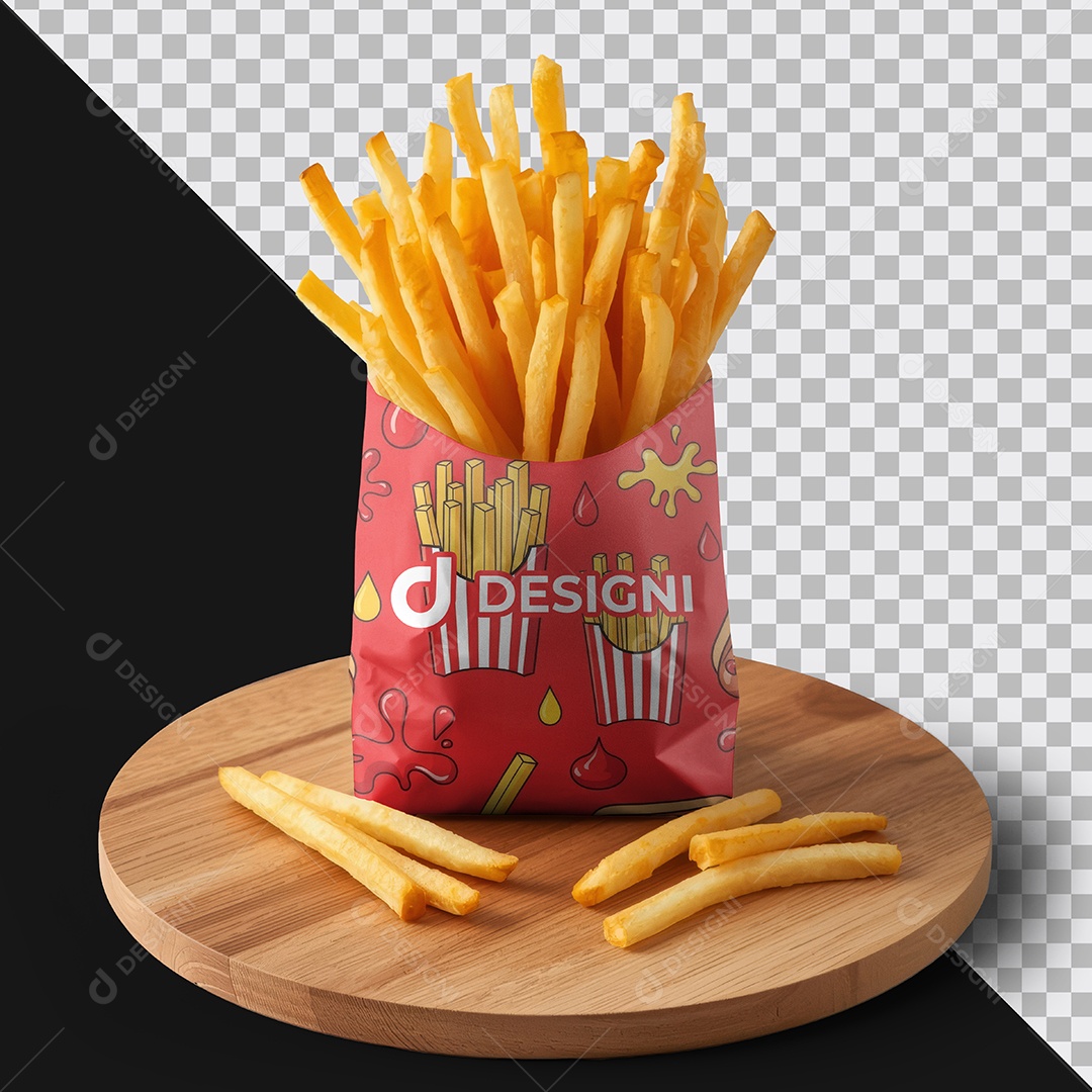 Mockup Batata Frita na Base de Madeira PSD Editável