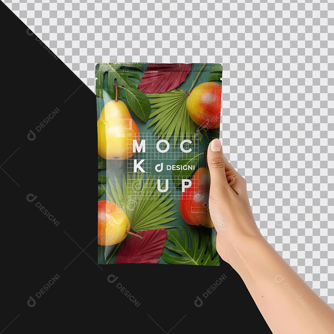 Mockup Embalagem Pouch em Kraft na Mão PSD Editável