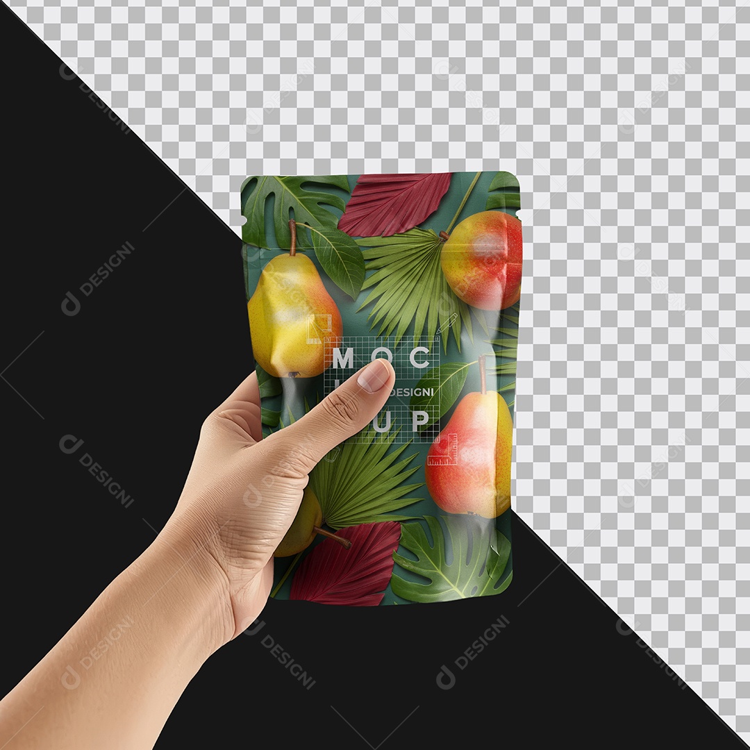 Mockup Embalagem Stand Up Pouch em Kraft na Mão PSD Editável